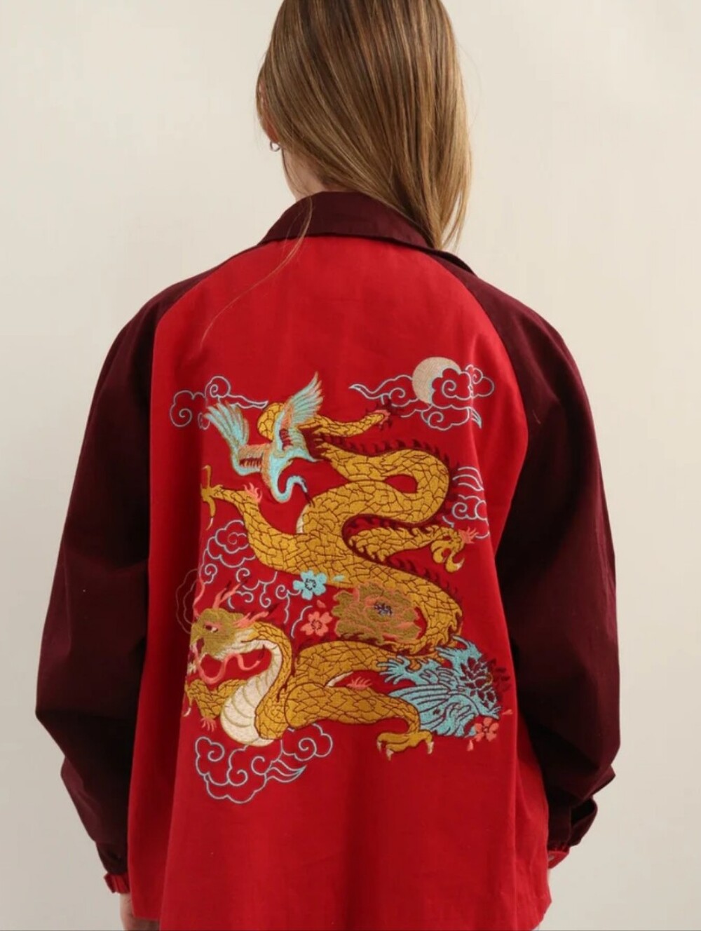 UO Silence + Noise Red Burgundy Embroidered Crane Dragon Lightweight Jacket S